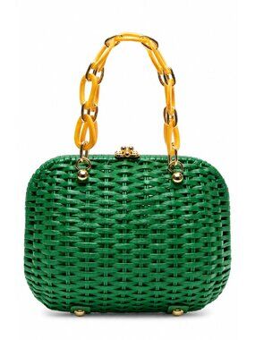 Frances Valentine Hen Wicker Basket Rattan Handbag Yellow Acrylic Chain Handle